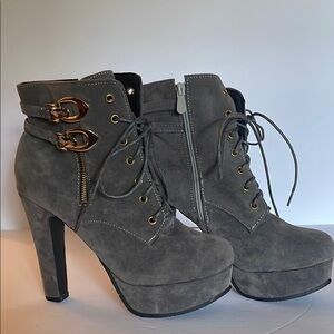 Gray Suede Ankle Boots with Gold Accents